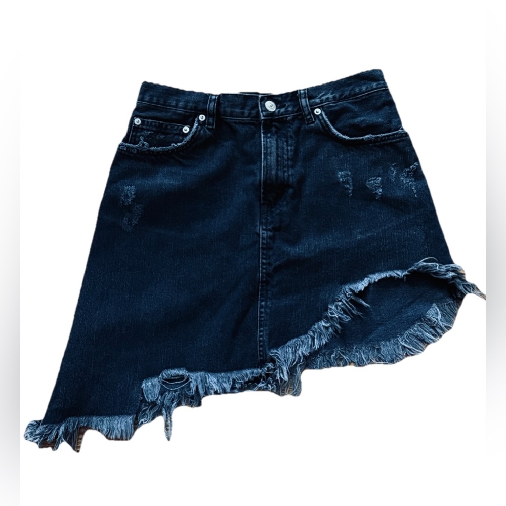 ZARA WOMAN Black Distressed & Frayed Funky Asymmetrical Denim Jean Skirt Medium